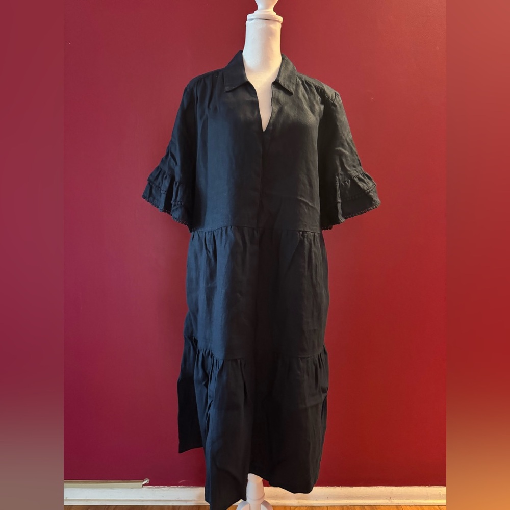 EUC Chico's Navy Blue Linen Tiered Midi Dress with Ruffle Sleeves